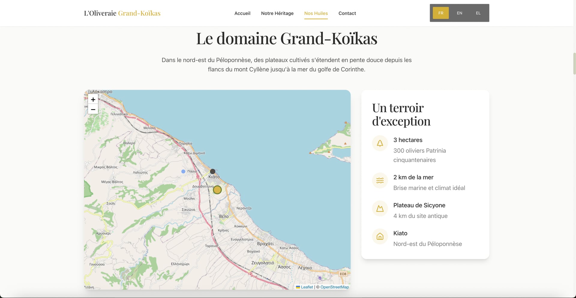 Page Nos Huiles, carte du domaine et terroir