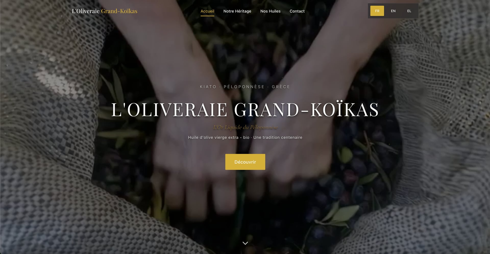 Page d'accueil, héro récolte des olives à la main