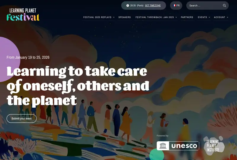 La page d'accueil du Learning Planet Festival, portée par l'UNESCO